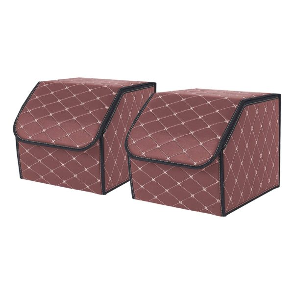 Leather Car Boot Collapsible Foldable Trunk Cargo Organizer Portable Storage Box Coffee/Gold Stitch Small