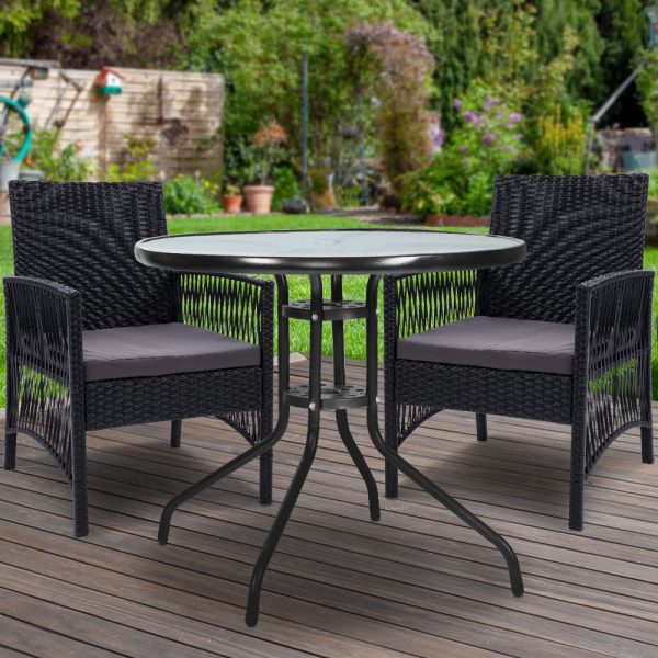 Outdoor Furniture Dining Chairs Wicker Garden Patio Cushion Black Gardeon – 2X Chair + Table