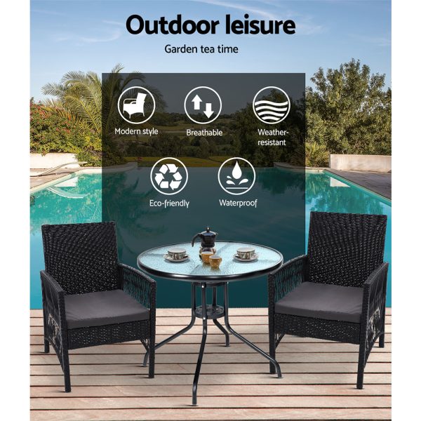 Outdoor Furniture Dining Chairs Wicker Garden Patio Cushion Black Gardeon – 2X Chair + Table