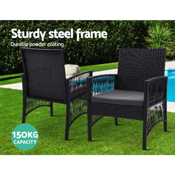 Outdoor Furniture Dining Chairs Wicker Garden Patio Cushion Black Gardeon – 2X Chair + Table