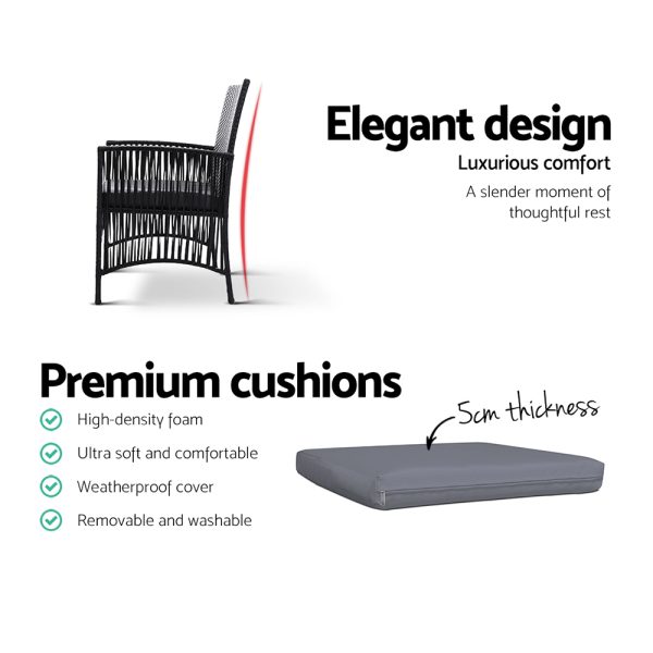 Outdoor Furniture Dining Chairs Wicker Garden Patio Cushion Black Gardeon – 2X Chair + Table