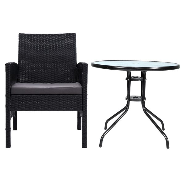 Outdoor Furniture Dining Chairs Wicker Garden Patio Cushion Black Gardeon – 2X Chair + Table