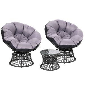 Outdoor Papasan Chairs Lounge Setting Patio Furniture Wicker – Black, 2x chair + 1x Side Table