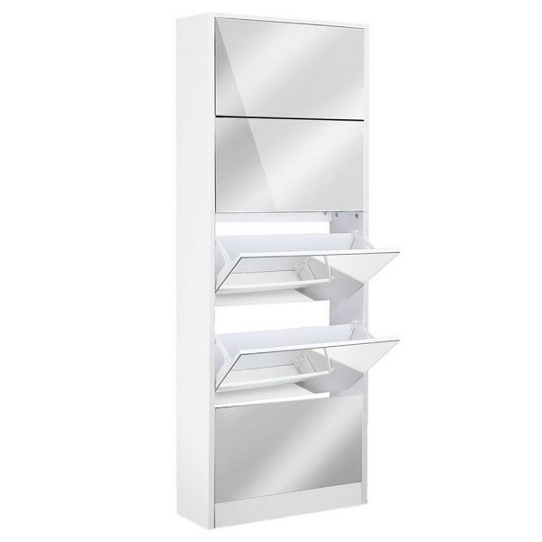 5 Drawer Mirrored Wooden Shoe Cabinet – White