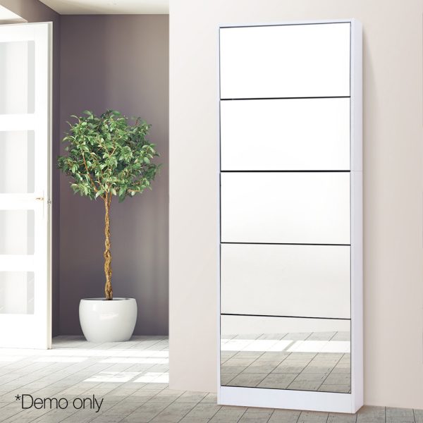 5 Drawer Mirrored Wooden Shoe Cabinet – White