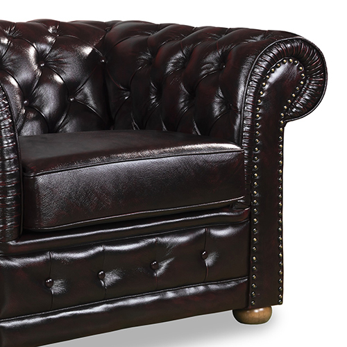 1 Seater Brown Colour Genuine Leather Upholstery Deep Quilting Pocket Spring Button Studding Sofa for Living Room