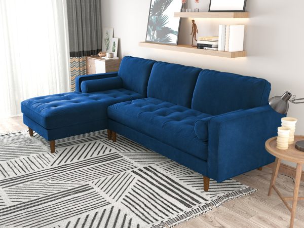 Sofa Chaise Navy Blue Colour Seamed Grid Pattern Pocket Spring Side Pillows Oblique Legs