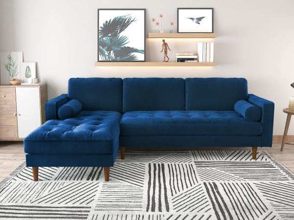 Sofa Chaise Navy Blue Colour Seamed Grid Pattern Pocket Spring Side Pillows Oblique Legs