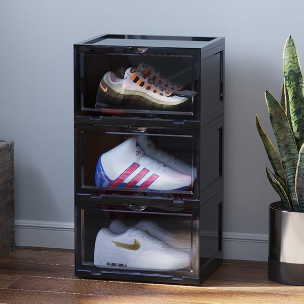 Portable Shoe Organiser Sneaker Footwear Folding Plastic Bin Stackable Storage Box with Magnetic Door