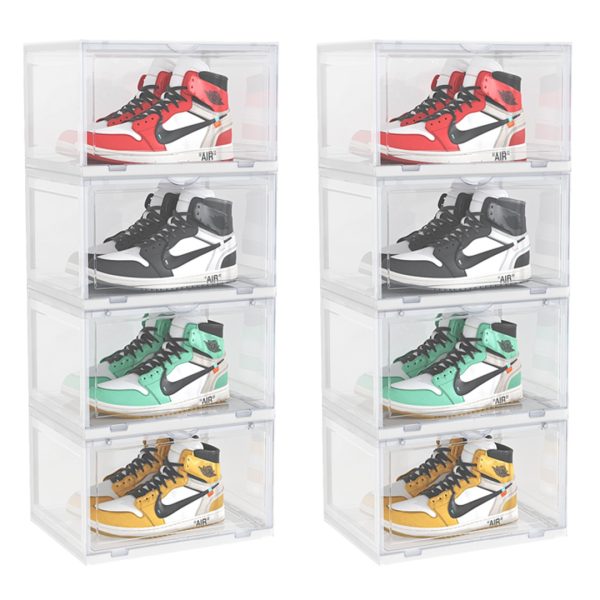 Transparent Portable Shoe Organiser Sneaker Footwear Folding Plastic Bin Stackable Storage Box with Magnetic Door – 4 Tier, 2
