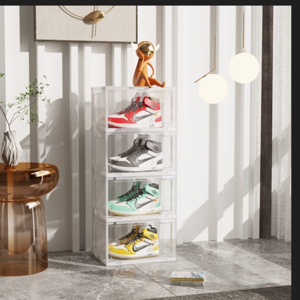 Transparent Portable Shoe Organiser Sneaker Footwear Folding Plastic Bin Stackable Storage Box with Magnetic Door – 4 Tier, 2