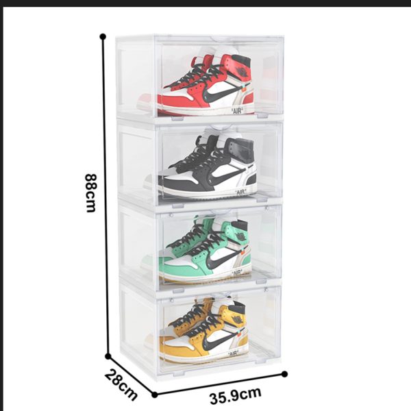 Transparent Portable Shoe Organiser Sneaker Footwear Folding Plastic Bin Stackable Storage Box with Magnetic Door – 4 Tier, 2