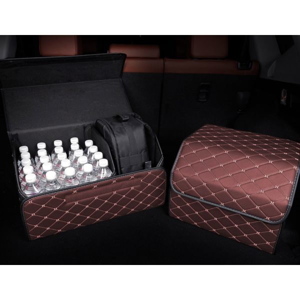 Leather Car Boot Collapsible Foldable Trunk Cargo Organizer Portable Storage Box Coffee/Gold Stitch Large
