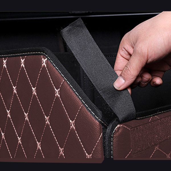 Leather Car Boot Collapsible Foldable Trunk Cargo Organizer Portable Storage Box Coffee/Gold Stitch Large