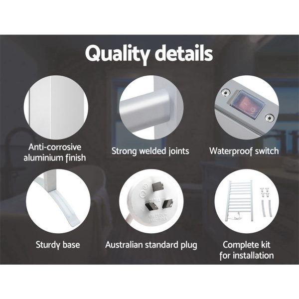 Electric Heated Towel Rail Rails Warmer Rack Aluminium – 10 Bars