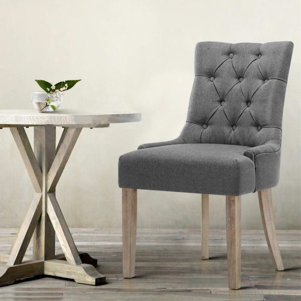 Set of 2 Dining Chair Beige CAYES French Provincial Chairs Wooden Retro Cafe – Grey, Polyester