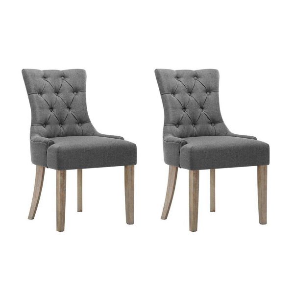 Set of 2 Dining Chair Beige CAYES French Provincial Chairs Wooden Retro Cafe – Grey, Polyester