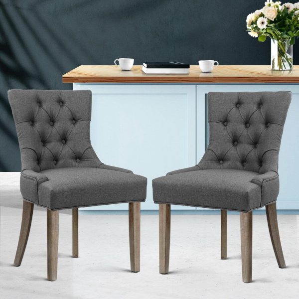 Set of 2 Dining Chair Beige CAYES French Provincial Chairs Wooden Retro Cafe – Grey, Polyester
