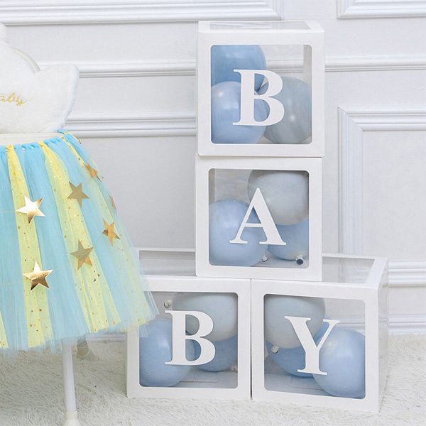 4Pcs/Set BABY Balloon Box Cube Blue Boxes Birthday Boy Baby Shower Party Wedding White