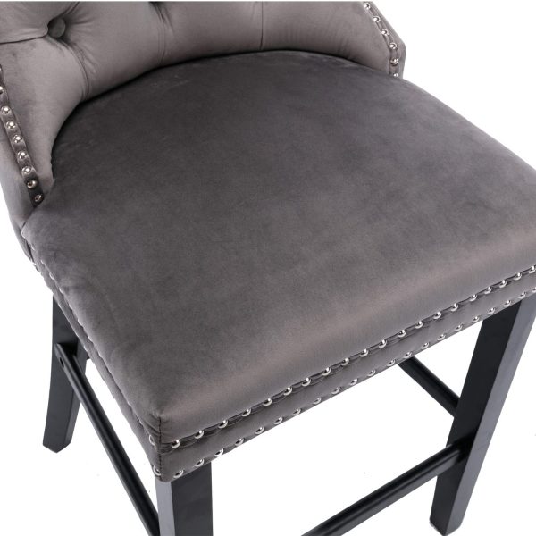 2X Velvet Bar Stools with Studs Trim Wooden Legs Tufted Dining Chairs Kitchen – Grey