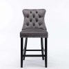 2X Velvet Bar Stools with Studs Trim Wooden Legs Tufted Dining Chairs Kitchen – Grey