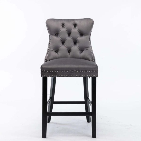 2X Velvet Bar Stools with Studs Trim Wooden Legs Tufted Dining Chairs Kitchen – Grey