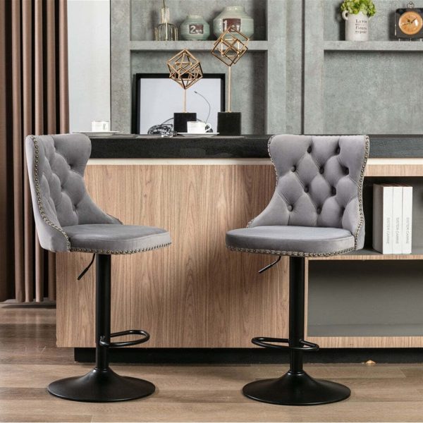 2x Height Adjustable Swivel Bar Stool Velvet Nailhead Barstool with Footrest – Grey