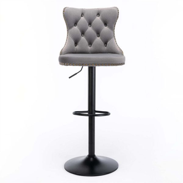 2x Height Adjustable Swivel Bar Stool Velvet Nailhead Barstool with Footrest – Grey