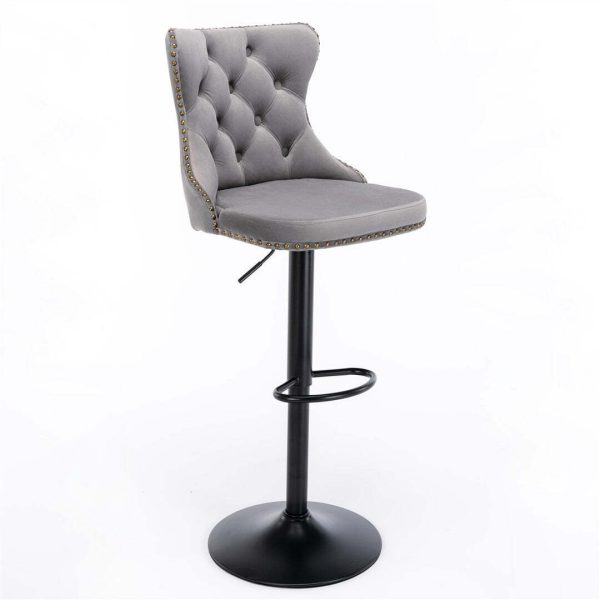 2x Height Adjustable Swivel Bar Stool Velvet Nailhead Barstool with Footrest – Grey