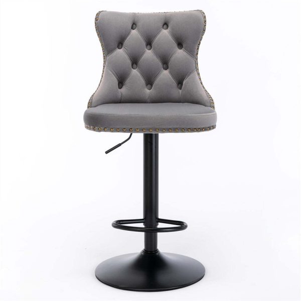 2x Height Adjustable Swivel Bar Stool Velvet Nailhead Barstool with Footrest – Grey