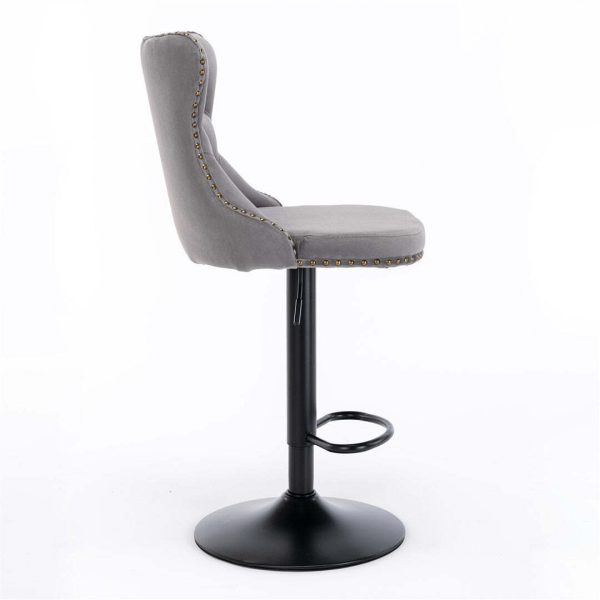 2x Height Adjustable Swivel Bar Stool Velvet Nailhead Barstool with Footrest – Grey