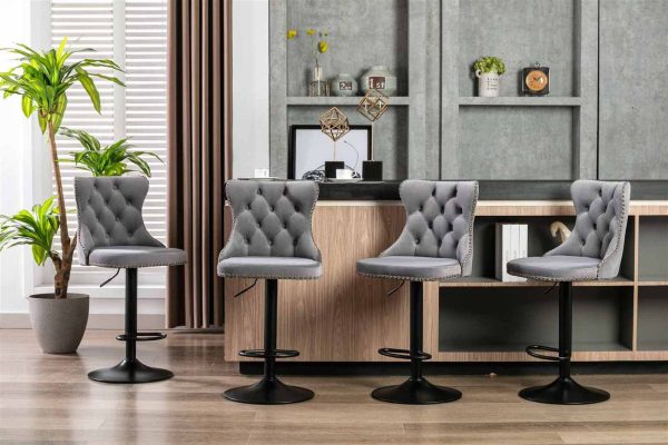 2x Height Adjustable Swivel Bar Stool Velvet Nailhead Barstool with Footrest – Grey