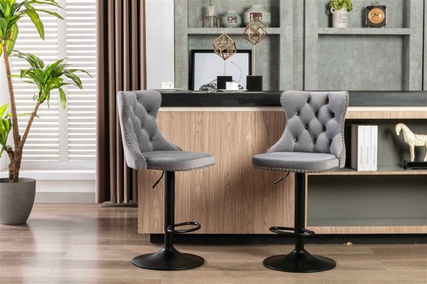 2x Height Adjustable Swivel Bar Stool Velvet Nailhead Barstool with Footrest – Grey