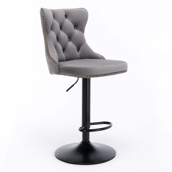2x Height Adjustable Swivel Bar Stool Velvet Nailhead Barstool with Footrest – Grey