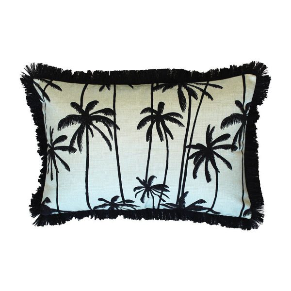 Cushion Cover-Coastal Fringe Black-Tall Palms Seafoam – 35×50 cm
