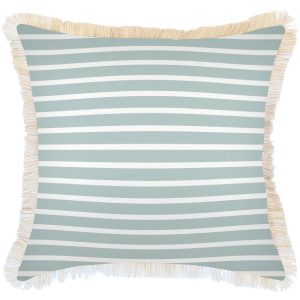 Cushion Cover-Coastal Fringe Natural-Hampton Stripe Seafoam – 60×60 cm