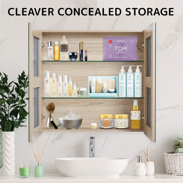 La Bella Bathroom Mirror Cabinet Wall Twin Door Shaving Storage – 75×72 cm, Oak