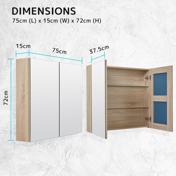 La Bella Bathroom Mirror Cabinet Wall Twin Door Shaving Storage – 75×72 cm, Oak