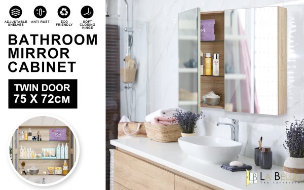 La Bella Bathroom Mirror Cabinet Wall Twin Door Shaving Storage – 75×72 cm, Oak