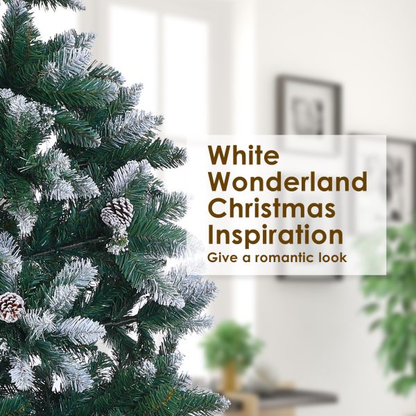 Home Ready 210cm 1290 tips Green Snowy Christmas Tree Xmas – 5ft, Pine Cones + Bauble Balls