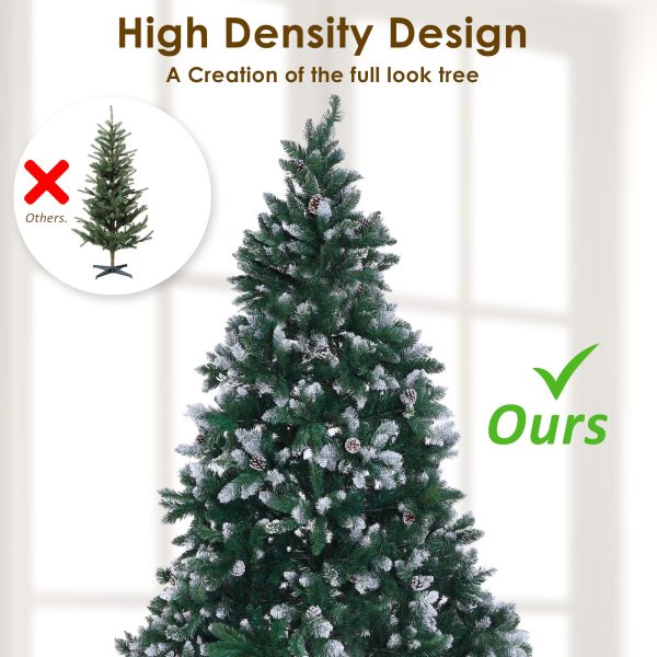 Home Ready 210cm 1290 tips Green Snowy Christmas Tree Xmas – 5ft, Pine Cones + Bauble Balls
