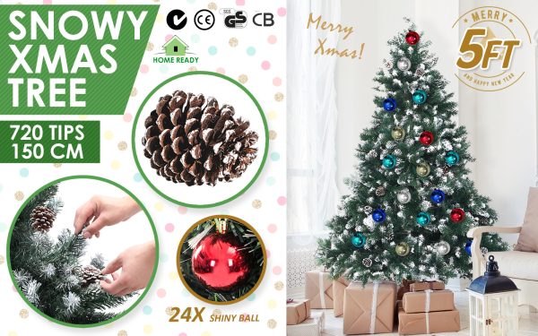 Home Ready 210cm 1290 tips Green Snowy Christmas Tree Xmas – 5ft, Pine Cones + Bauble Balls