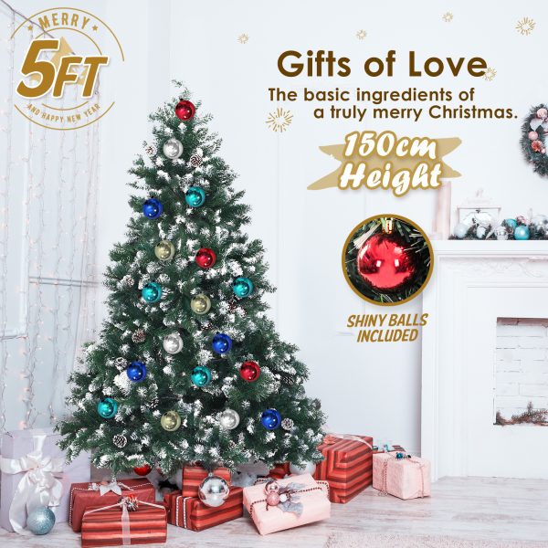 Home Ready 210cm 1290 tips Green Snowy Christmas Tree Xmas – 5ft, Pine Cones + Bauble Balls