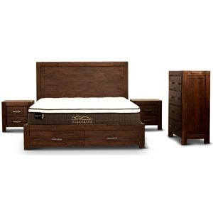 Amesbury 4pc Bed Frame Suite Bedside Tallboy Furniture Package – Walnut – QUEEN