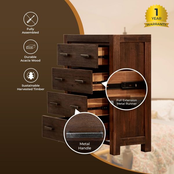 Amesbury 4pc Bed Frame Suite Bedside Tallboy Furniture Package – Walnut – KING