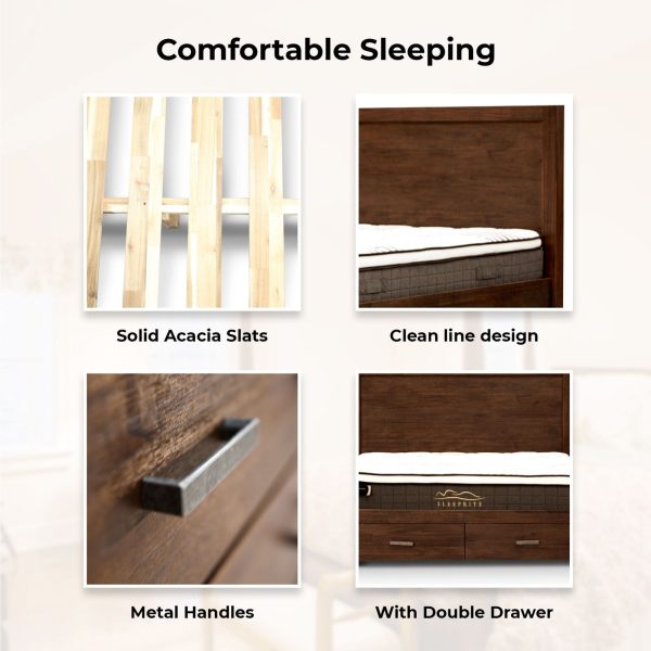 Amesbury 4pc Bed Frame Suite Bedside Tallboy Furniture Package – Walnut – KING