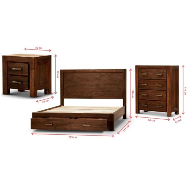 Amesbury 4pc Bed Frame Suite Bedside Tallboy Furniture Package – Walnut – KING