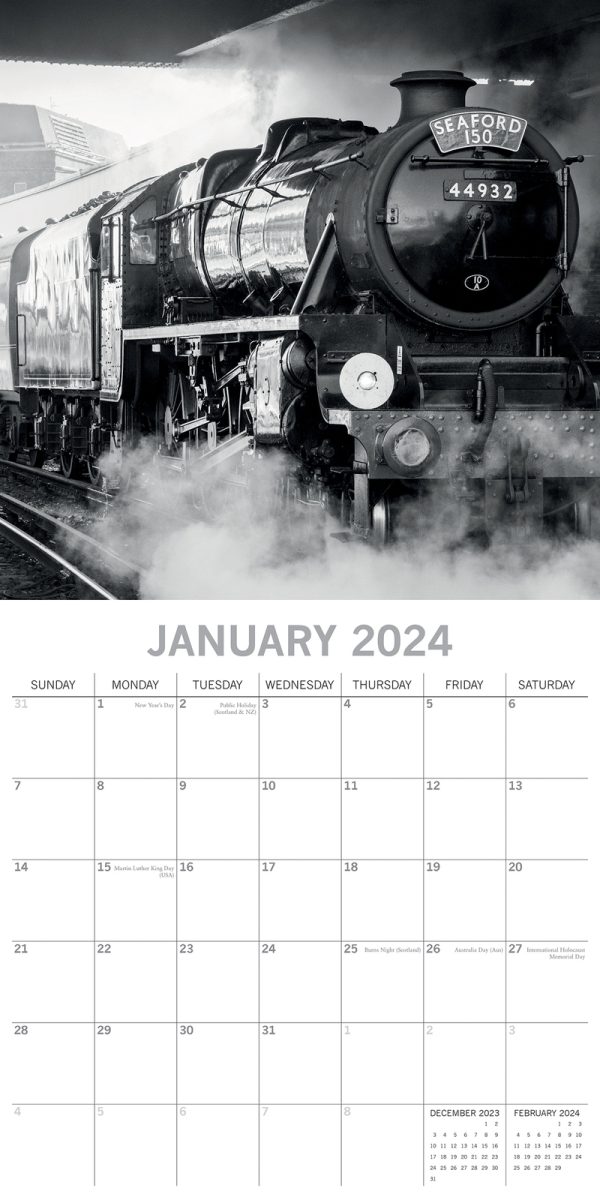 Steam Trains – 2024 Square Wall Calendar 16 Month Black & White Planner New Year