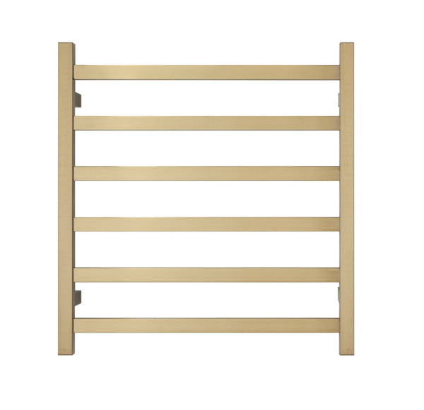 Premium Brushed Gold Heated Towel Rack – 6 Bars, Square Design, AU Standard, 650x620mm Wide