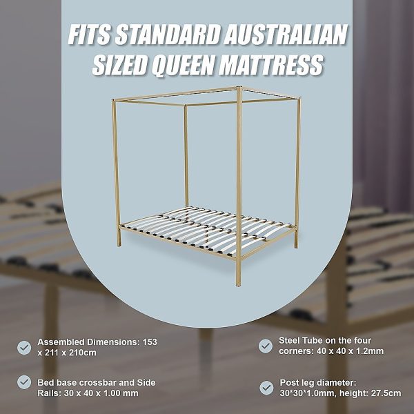 Arrow 4 Four Poster Bed Frame – QUEEN, Gold